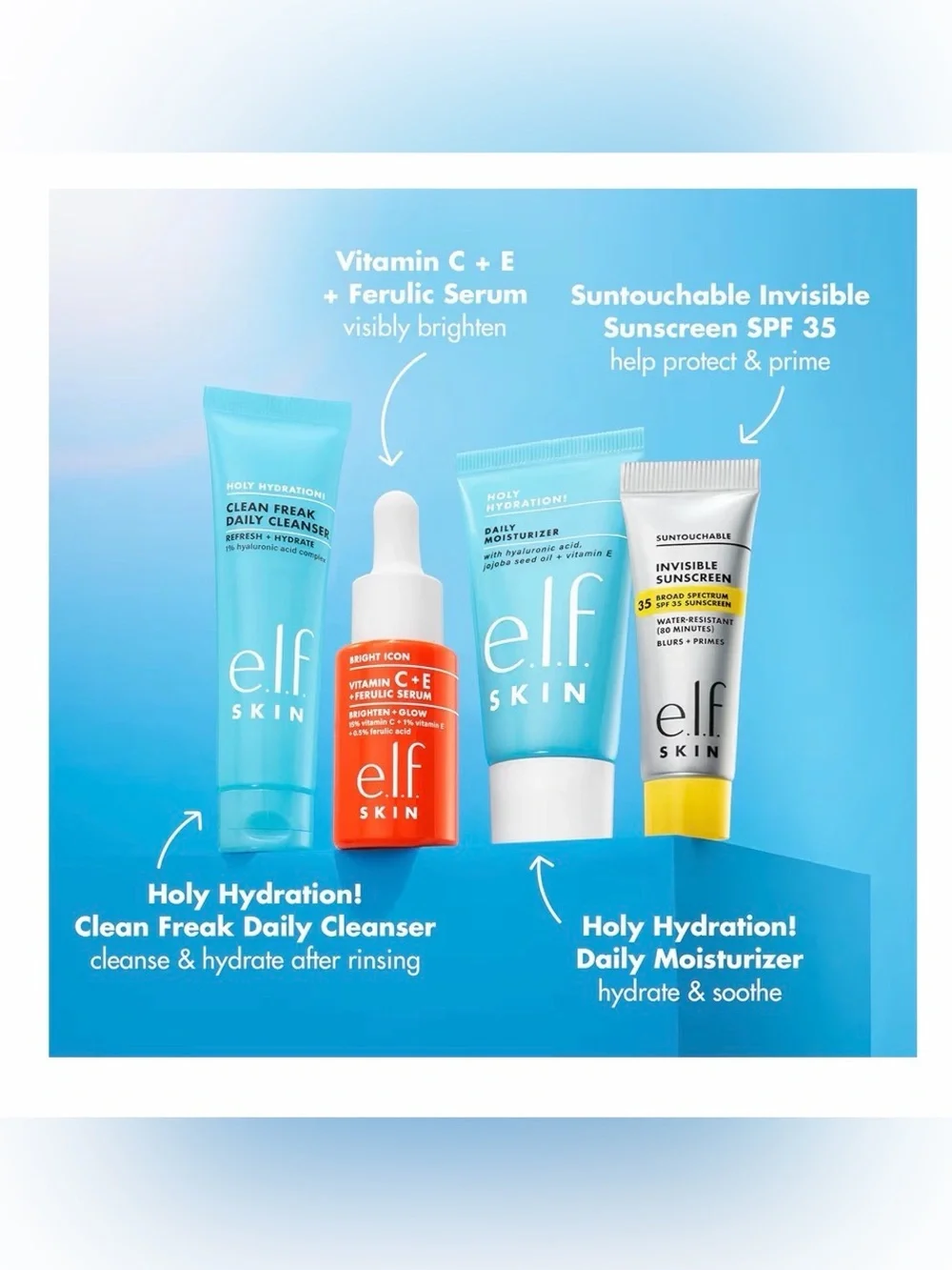 Wake The E.L.F. Up! Skincare Kit - sunscreen, moisturizer, vitamin C & cleanser.